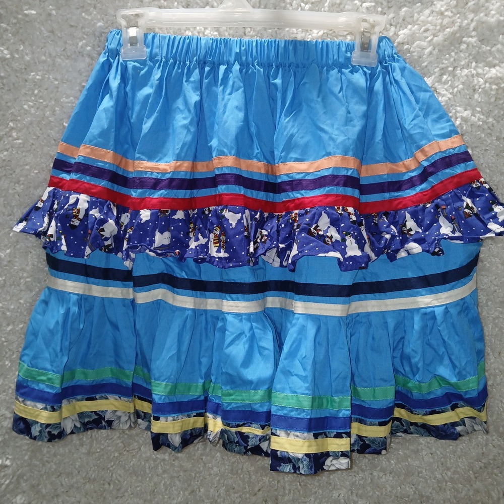 American Seminole PATCHWORK Bright Blue Snowman Ribbon Tiered Girl Skirt Elastic